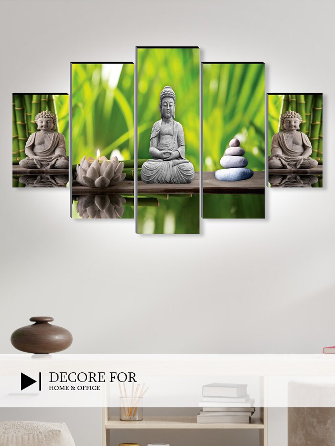 

SAF 5 Pcs Green Buddha UV Textured Religious Theme Painting Wall Art