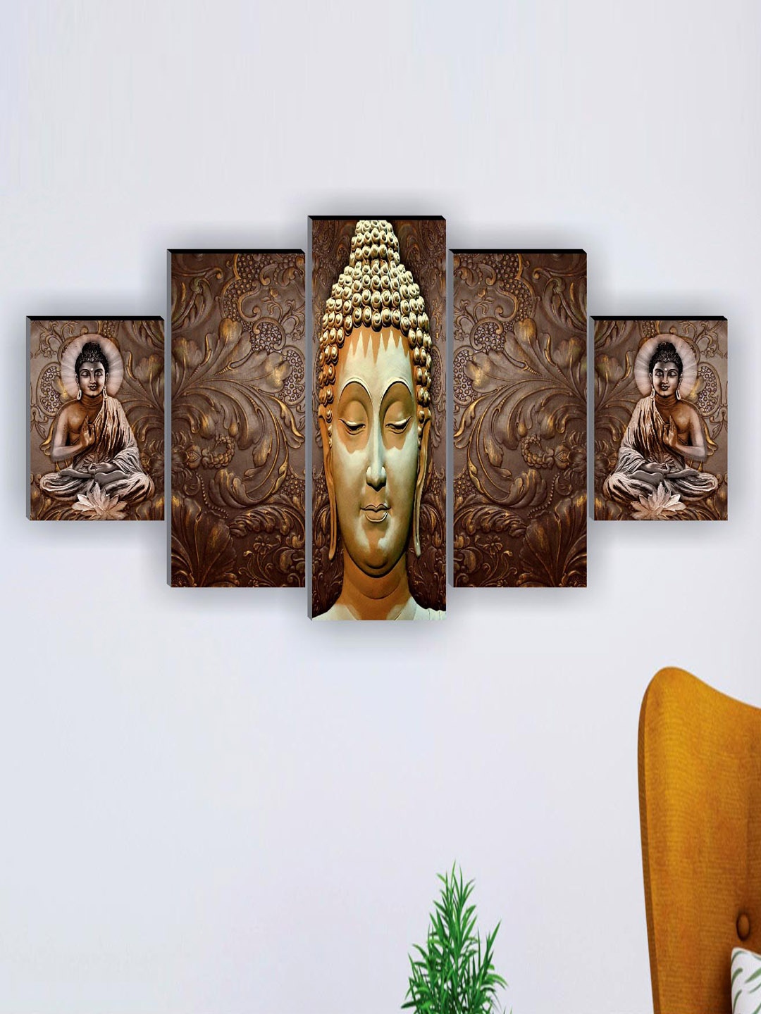 

SAF 5 Pcs Brown Buddha UV Textured Religious Theme Painting Wall Art