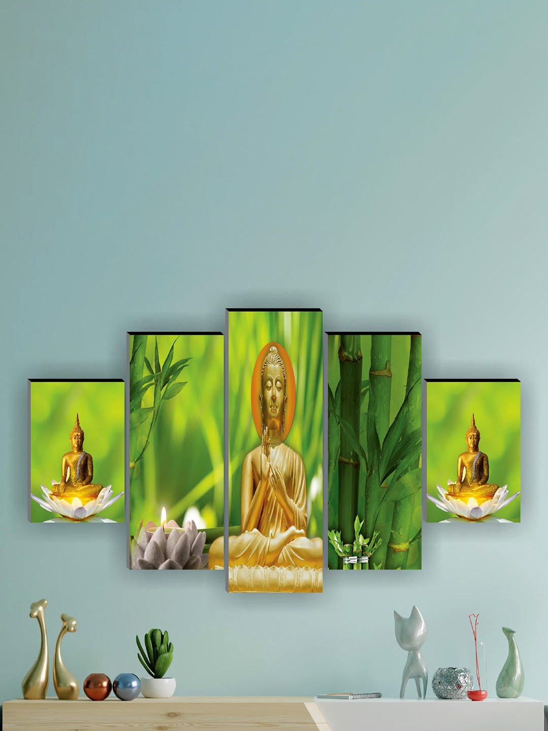 

SAF 5 Pcs Green Buddha UV Textured Religious Theme Painting Wall Art