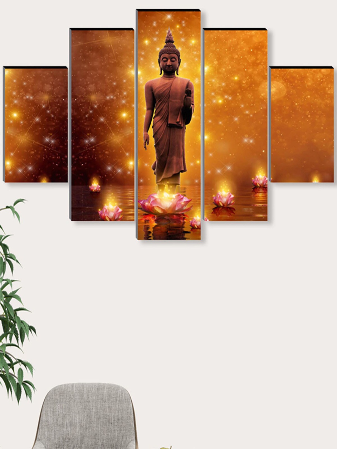 

SAF 5 Pcs Yellow & Brown Buddha UV Textured Religious Theme Painting Wall Art