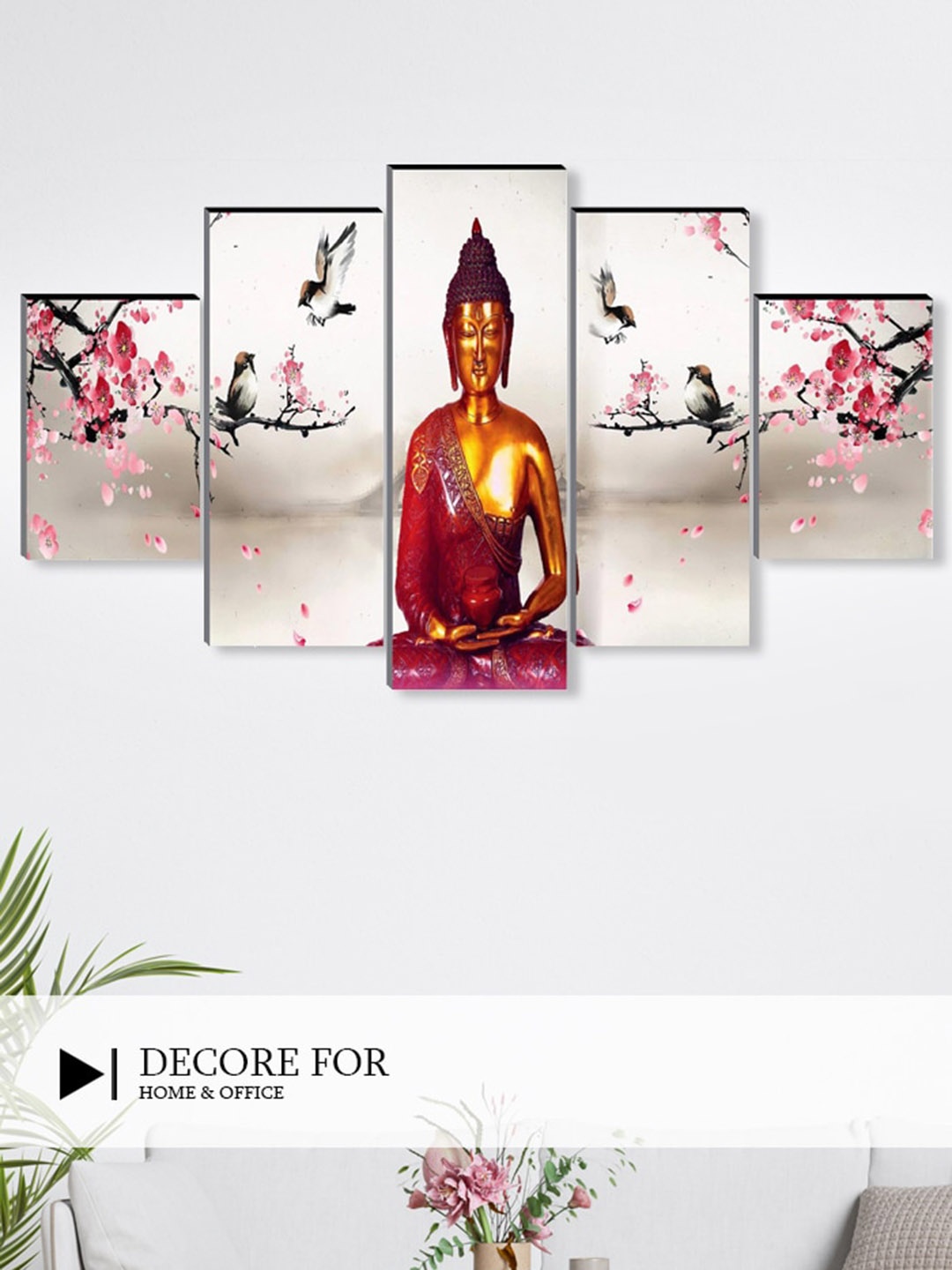 

SAF 5 Pcs Pink & White Buddha UV Textured Religious Theme Painting Wall Art