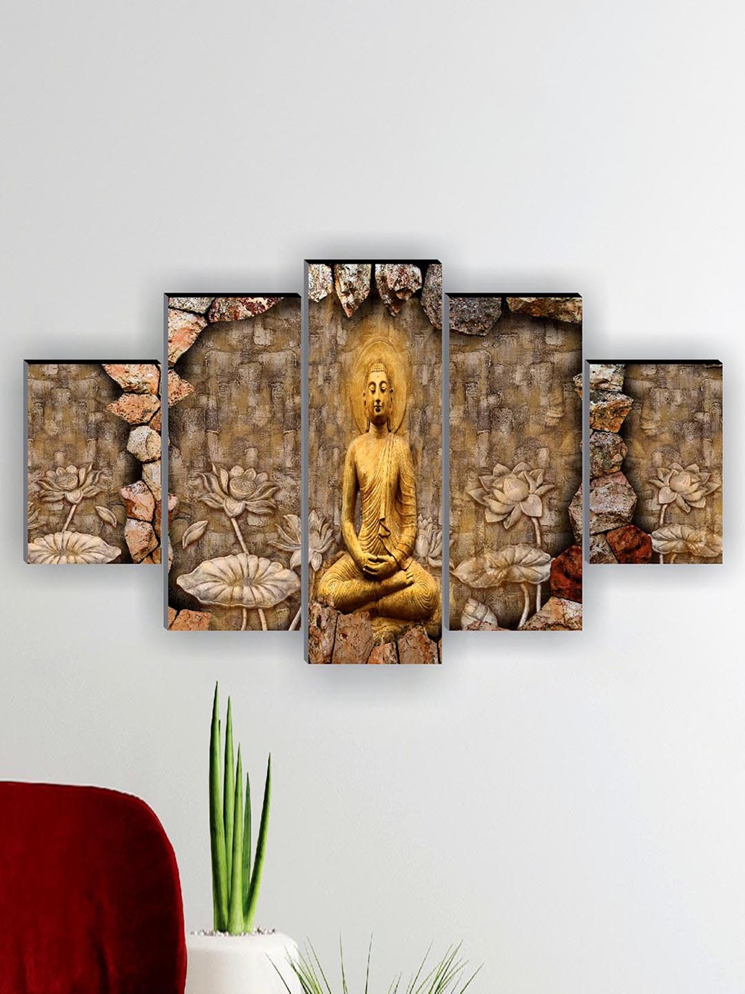 

SAF 5 Pcs Beige Buddha UV Textured Religious Theme Painting Wall Art