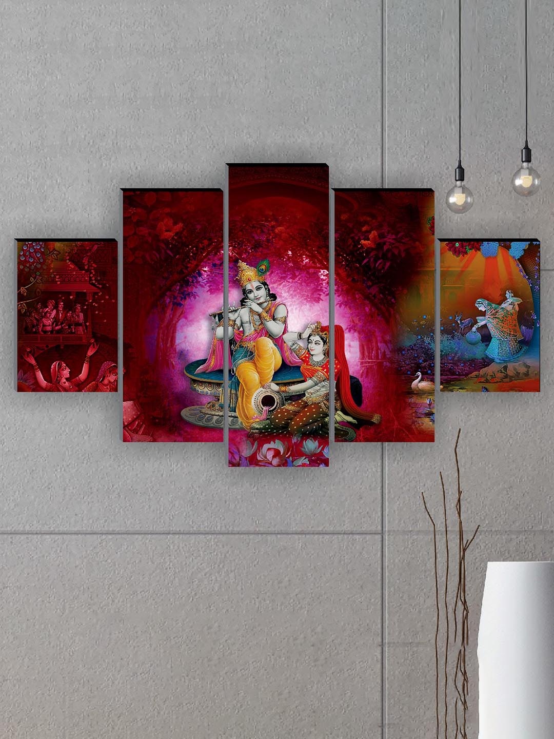 

SAF Red & Pink 5-Pieces Radha Krishna UV Textured Religious Theme Painting Wall Art