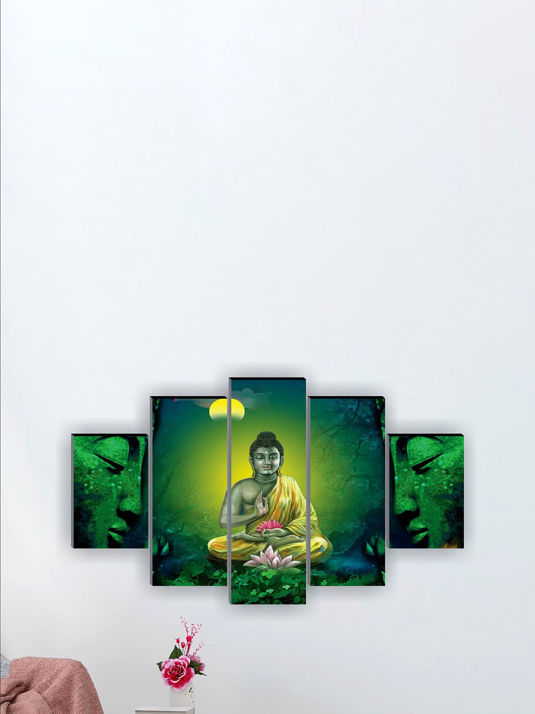 

SAF 5 Pcs Green Buddha UV Textured Religious Theme Painting Wall Art