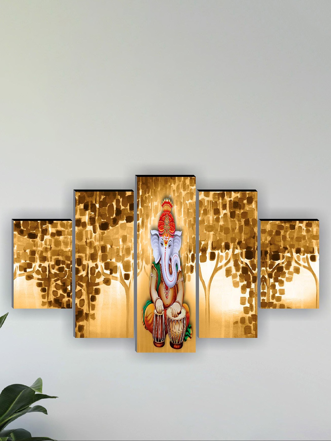 

SAF 5 Pcs Beige Ganesha UV Textured Religious Theme Painting Wall Art