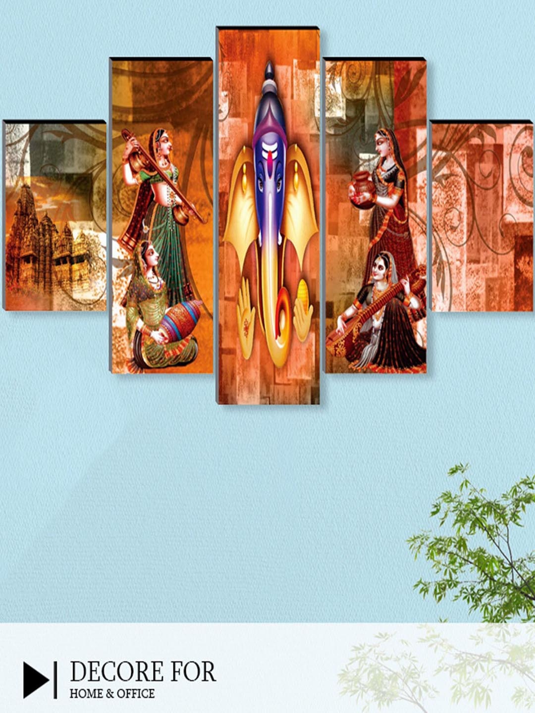

SAF 5 Pcs Orange Coloured Ganesha UV Textured Religious Theme Painting Wall Art