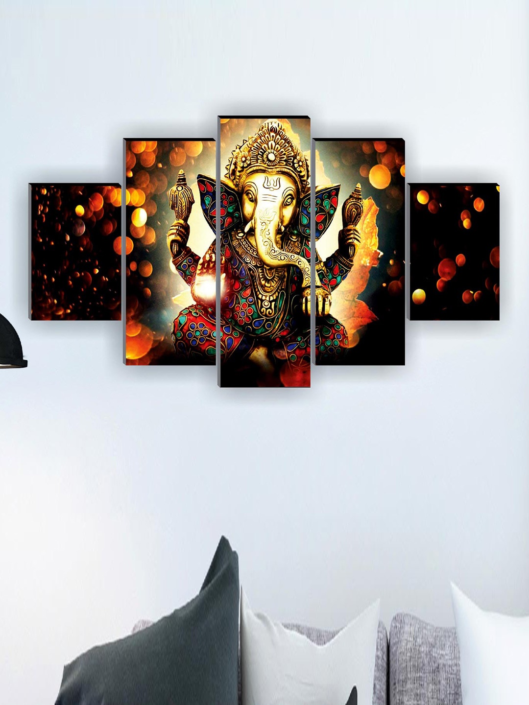 

SAF 5 Pcs Yellow & Black Ganesha UV Textured Religious Theme Painting Wall Art