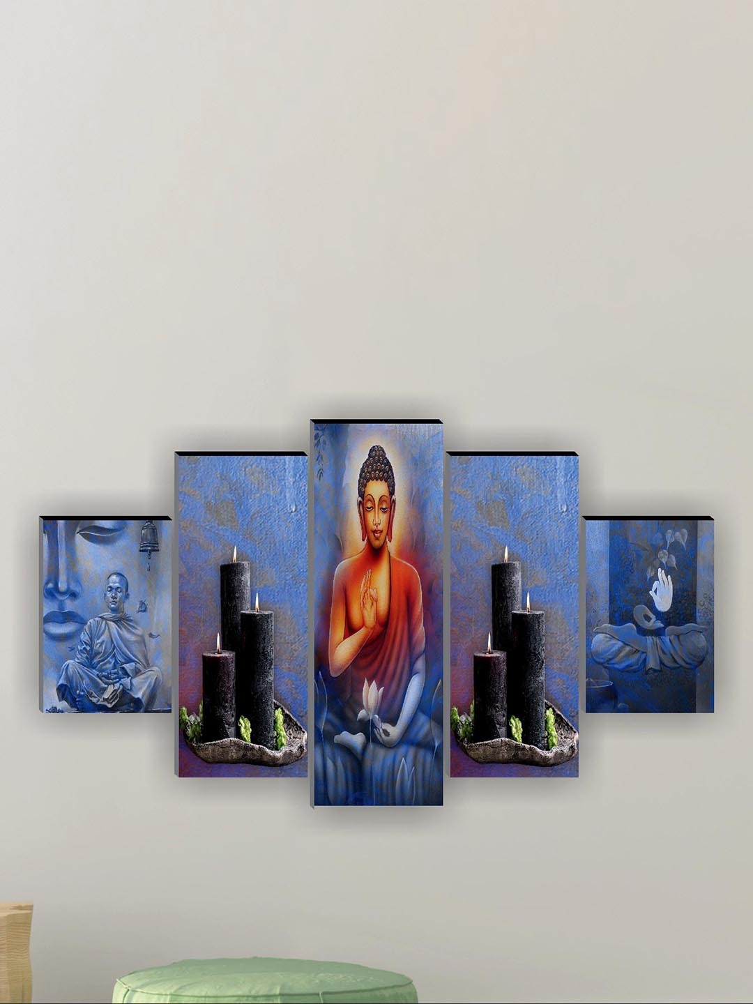 

SAF 5 Pcs Blue Buddha UV Textured Religious Theme Painting Wall Art