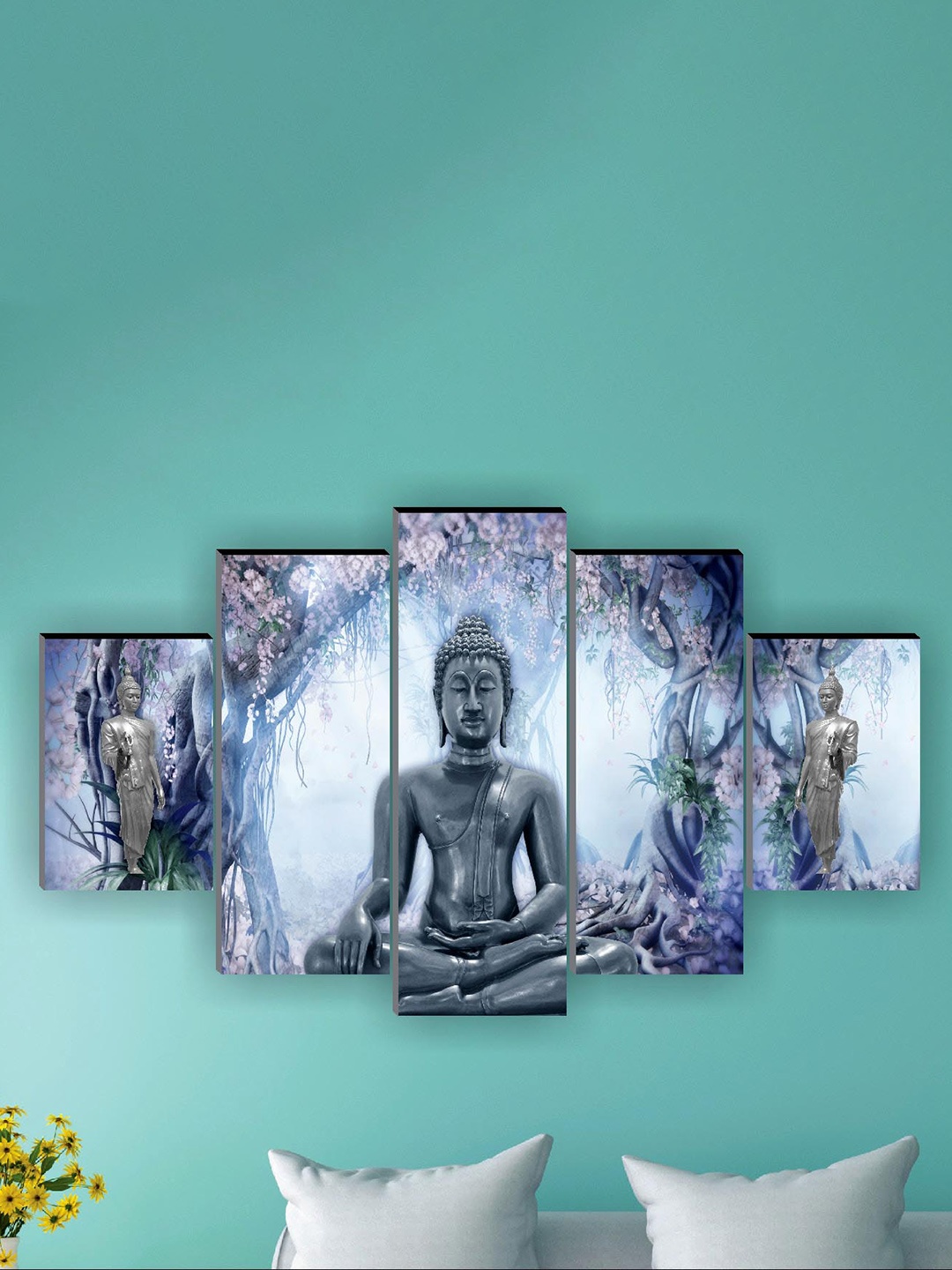 

SAF 5 Pcs Blue Buddha UV Textured Religious Theme Painting Wall Art