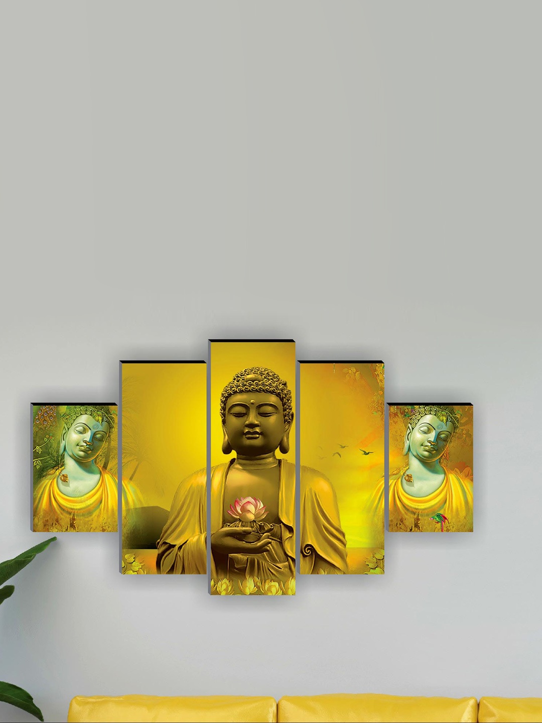 

SAF 5 Pcs Yellow Textured Religious Buddha Printed Framed Wall Art