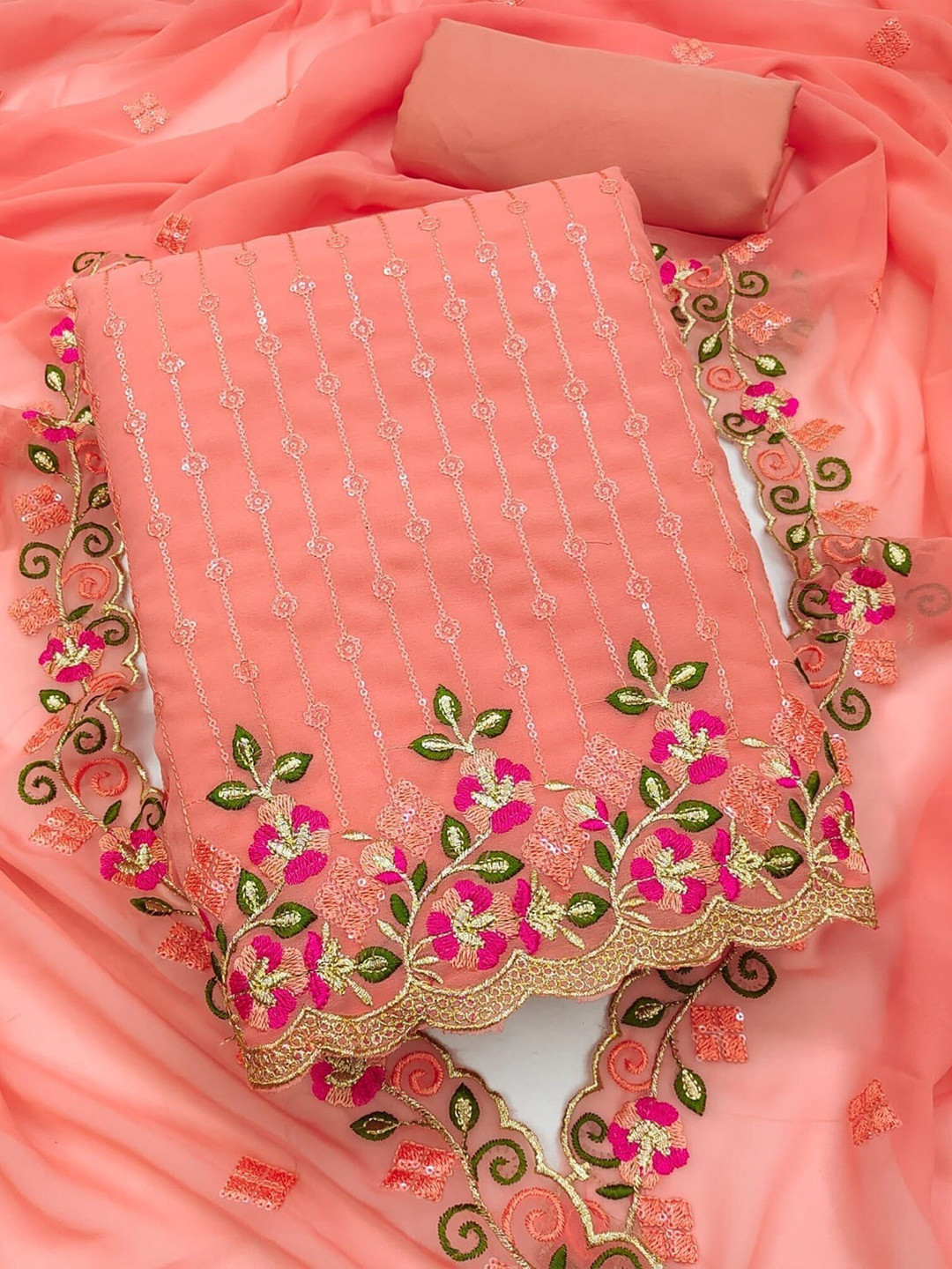 

KALINI Embroidered Unstitched Dress Material, Peach