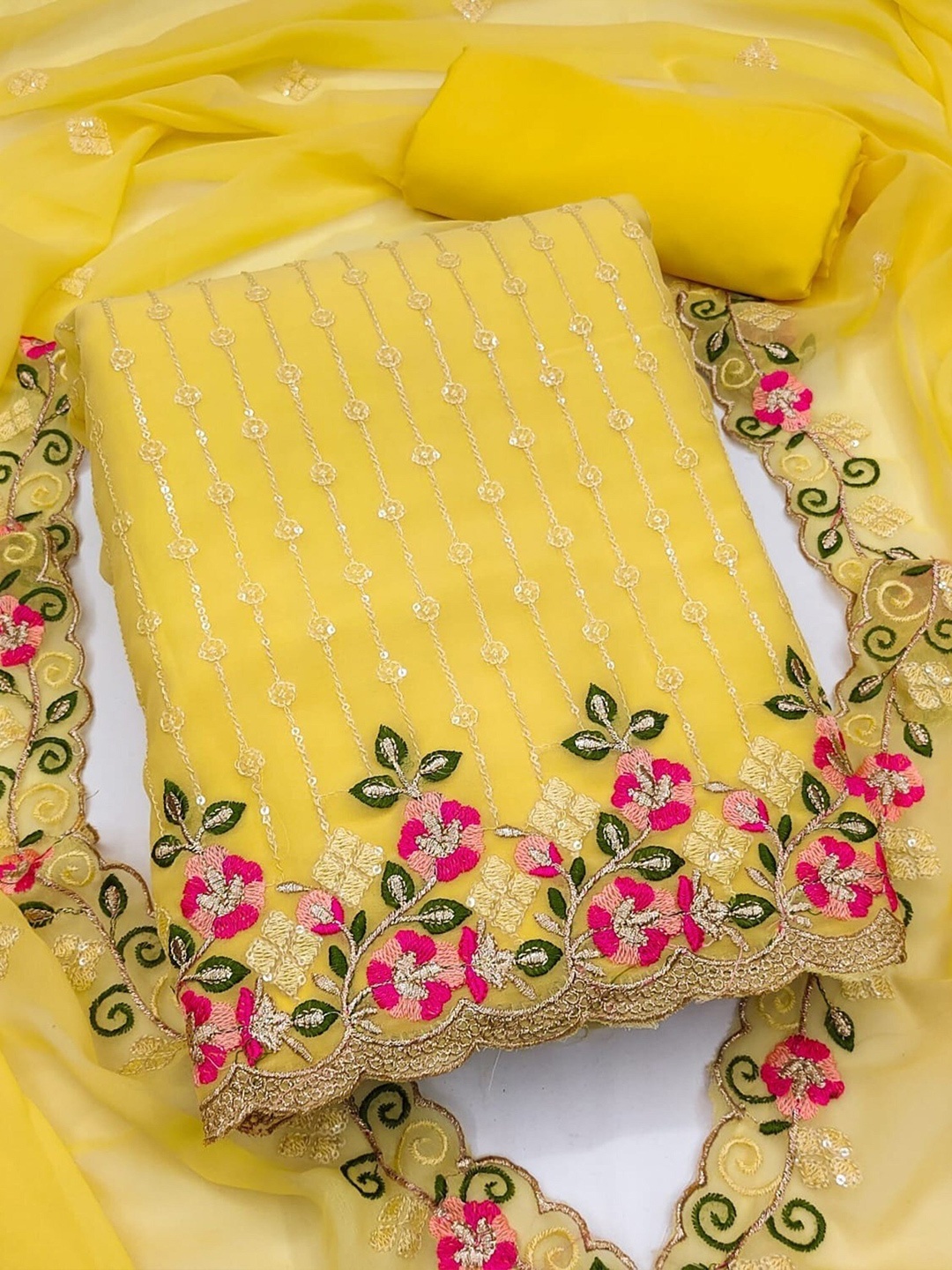 

KALINI Embroidered Unstitched Dress Material, Yellow