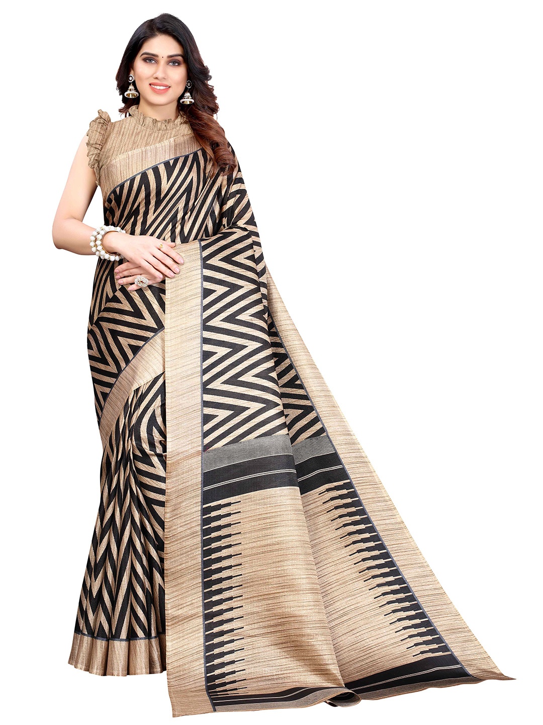 

AADVIKA Geometric Printed Mysore Silk Saree With Blouse Piece, Black