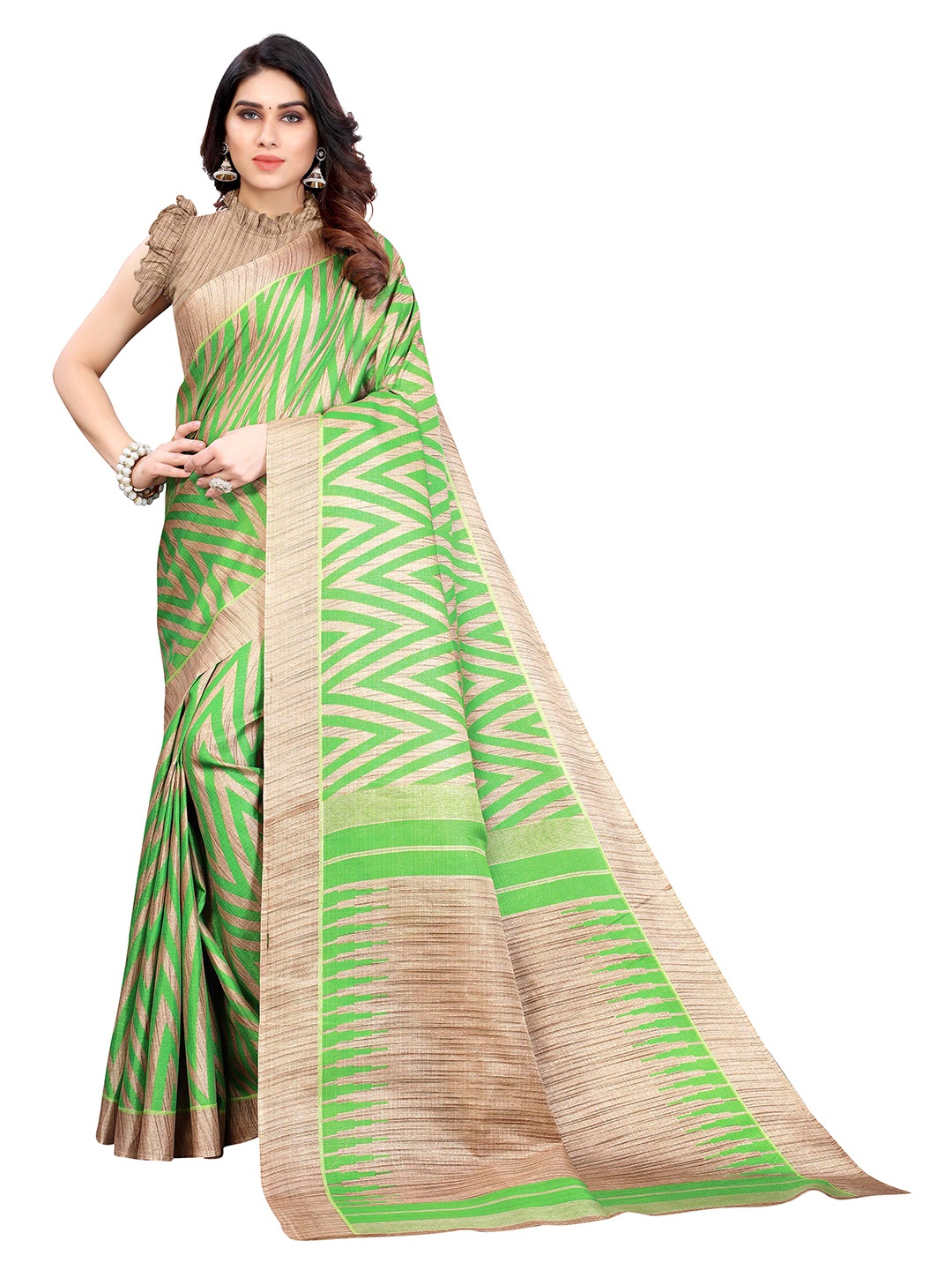 

AADVIKA Geometric Printed Mysore Silk Saree With Blouse Piece, Green