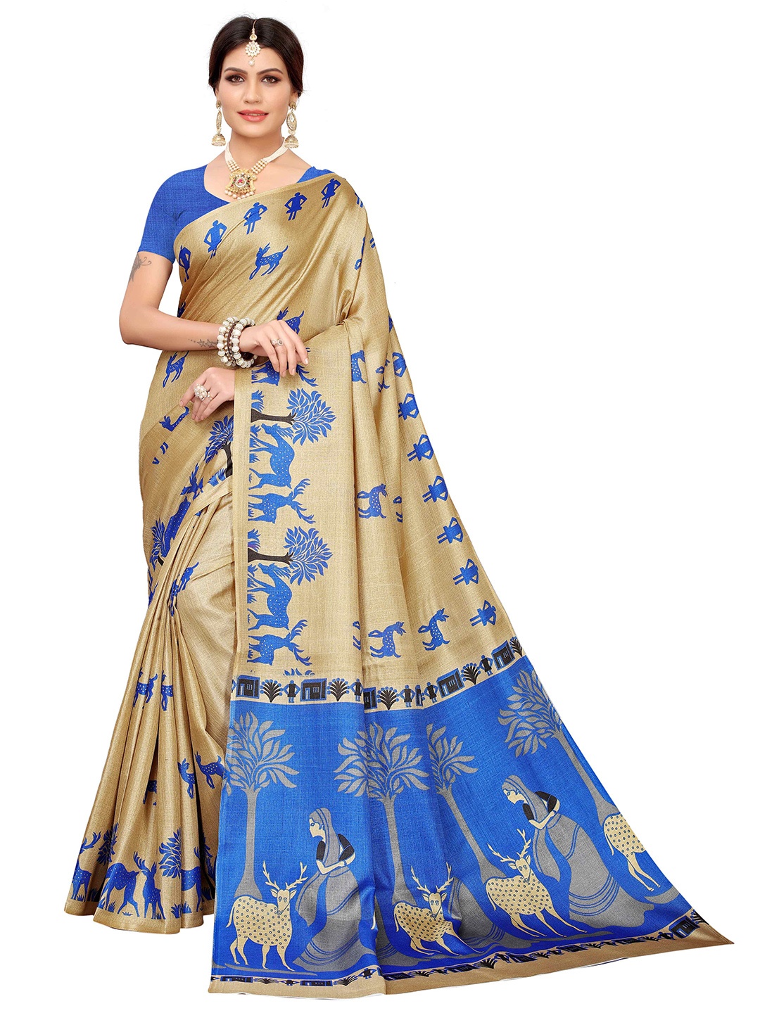 

AADVIKA Printed Mysore Silk Saree, Beige