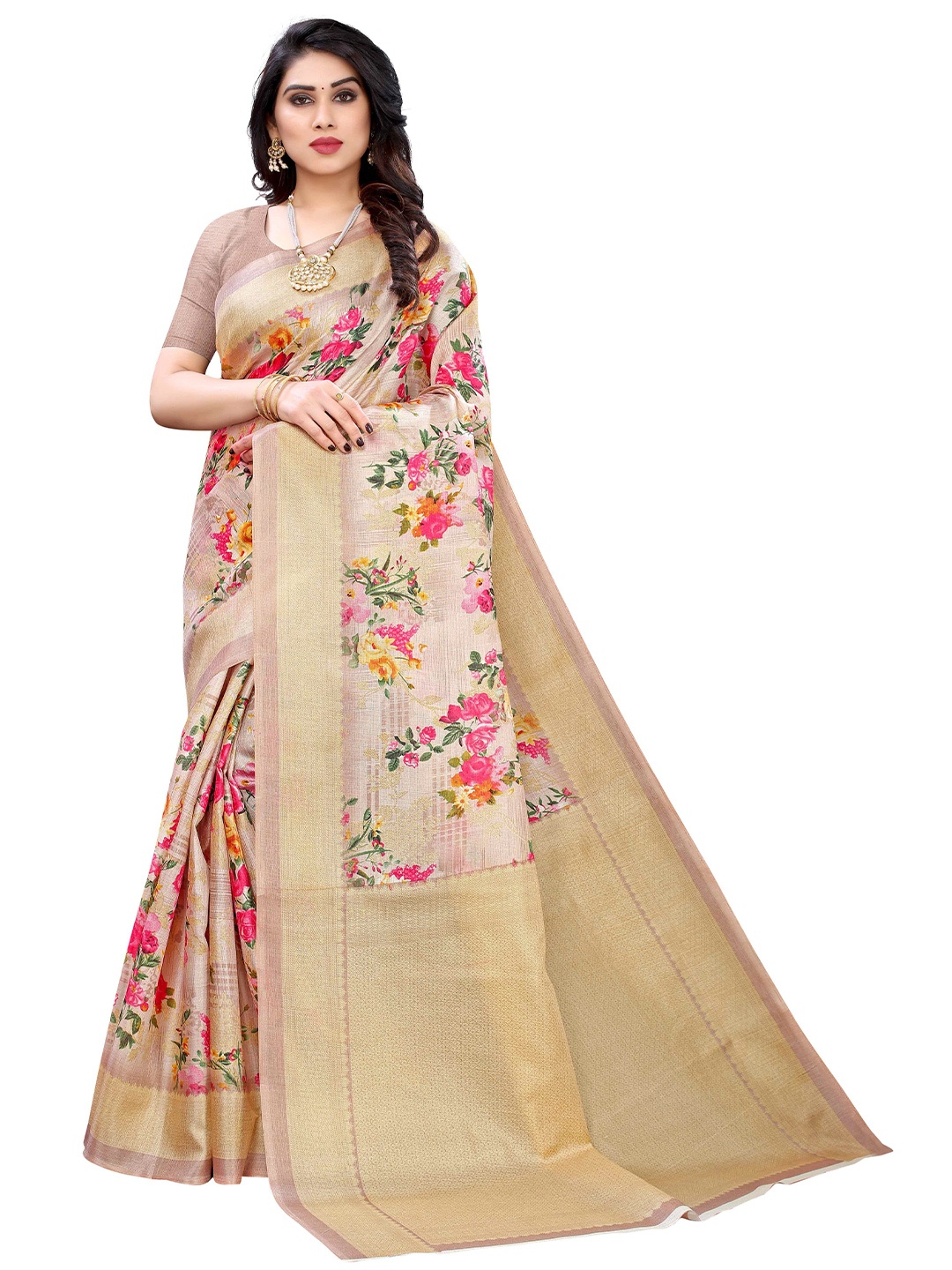 

AADVIKA Floral Zari Mysore Silk Saree, Beige