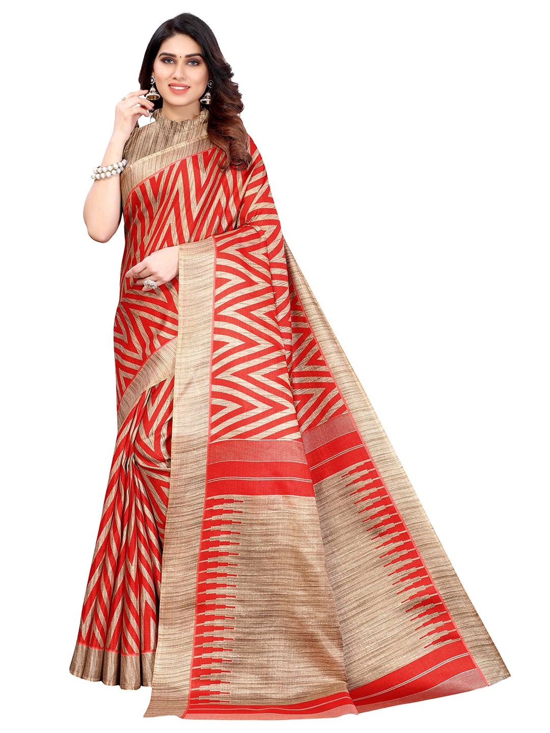 

AADVIKA Geometric Woven Mysore Silk Saree, Red