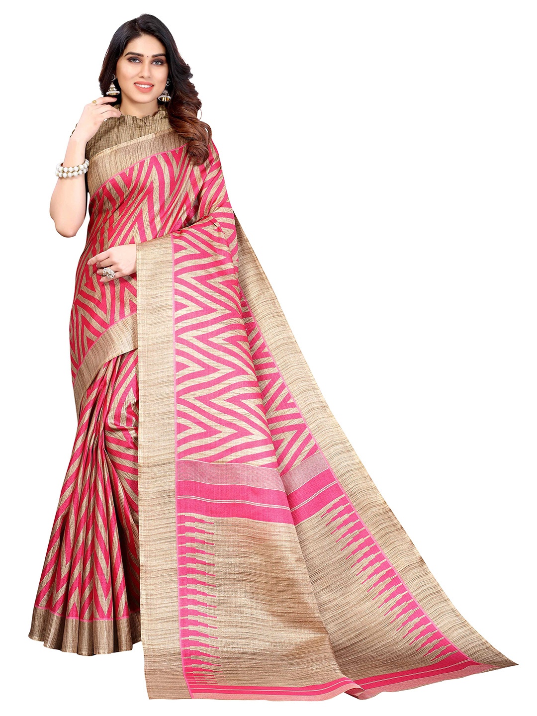 

AADVIKA Geometric Woven Mysore Silk Saree, Pink
