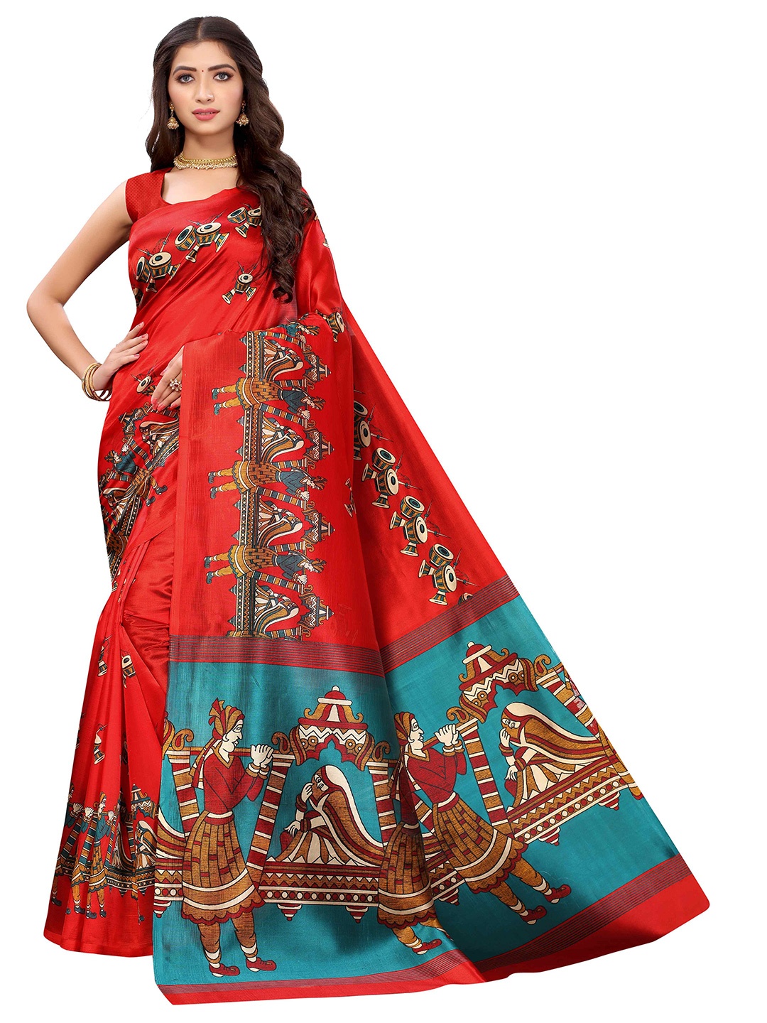 

AADVIKA Printed Kalamkari Mysore Silk Saree, Red