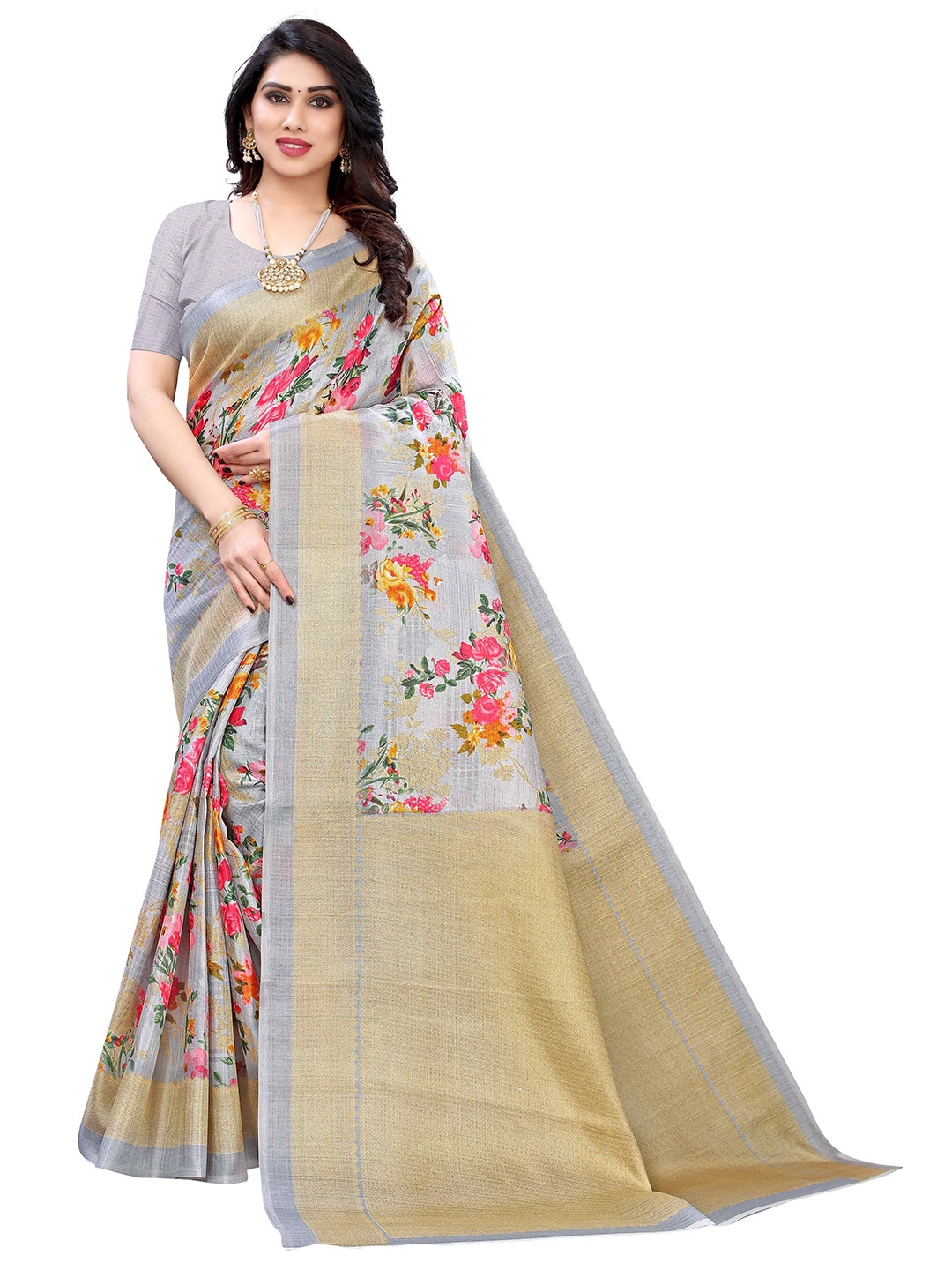 

AADVIKA Printed Kalamkari Mysore Silk Saree, Grey