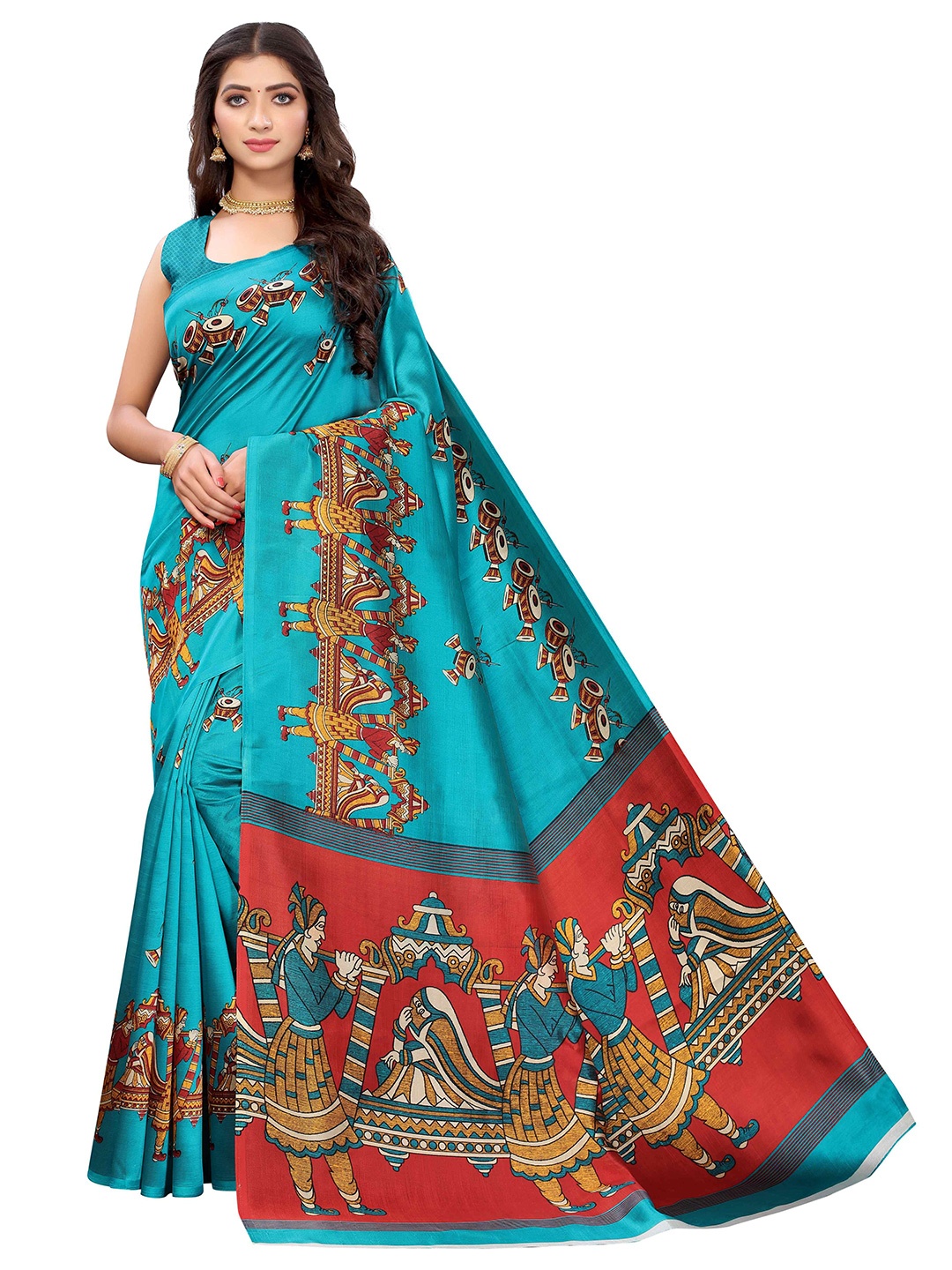

AADVIKA Kalamkari Printed Mysore Silk Saree, Turquoise blue