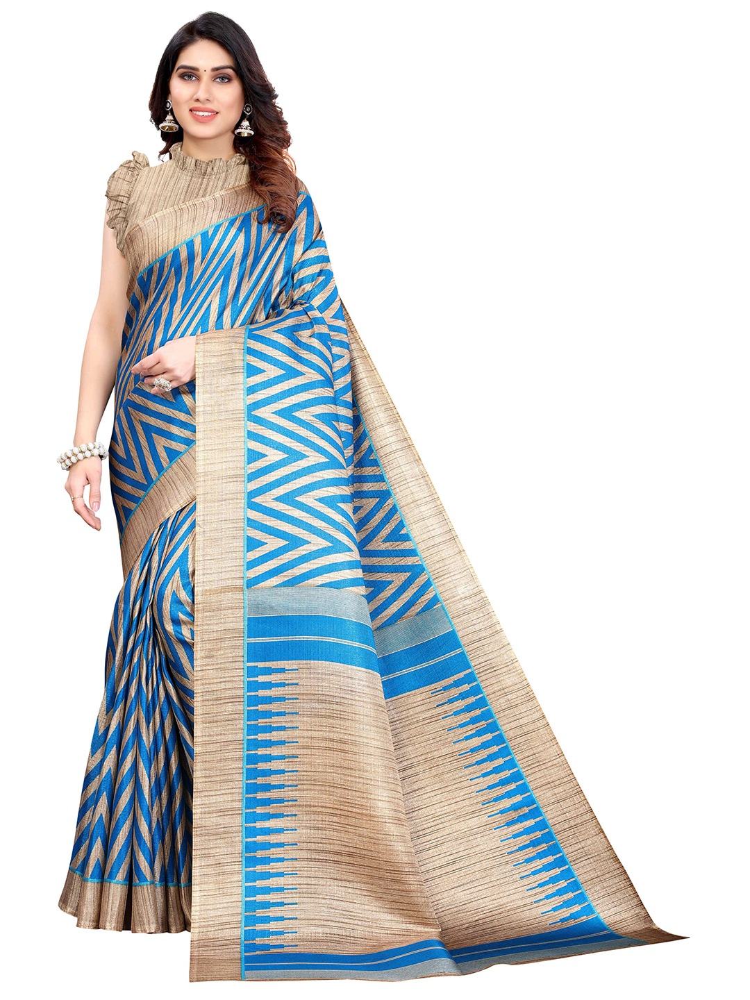 

AADVIKA Geometric Printed Mysore Silk Saree, Blue