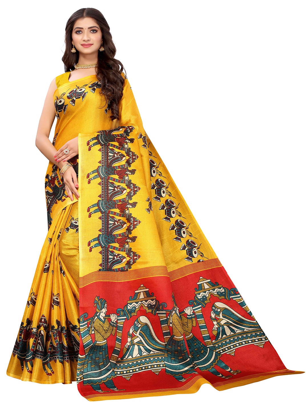 

AADVIKA Kalamkari Printed Mysore Silk Saree, Yellow