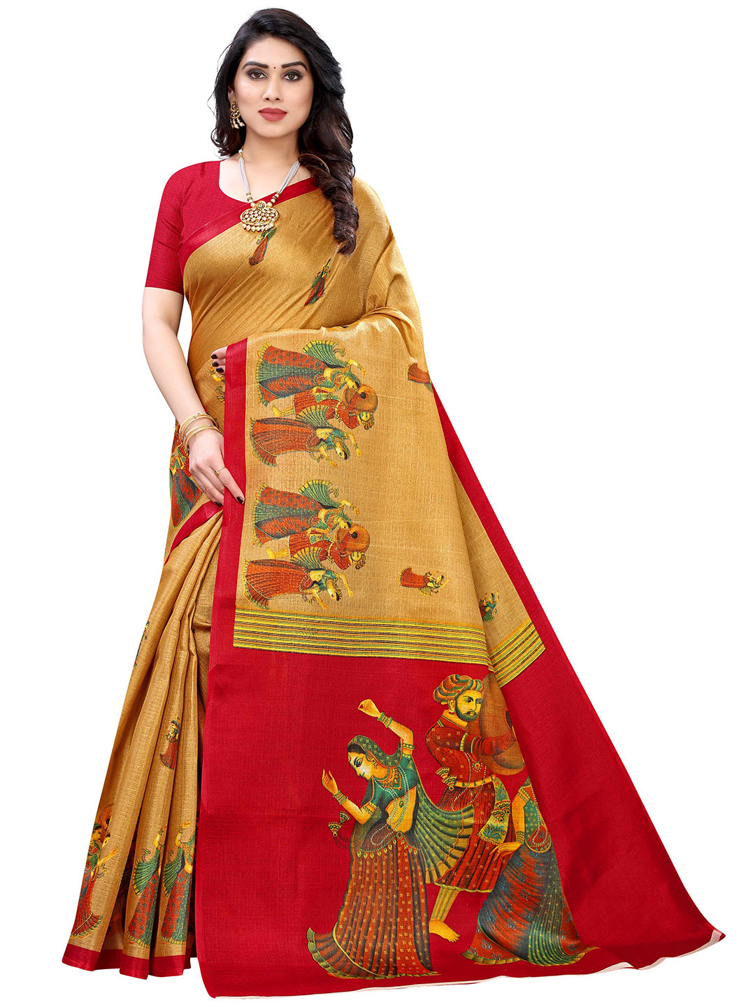 

AADVIKA Ethnic Motifs Printed Mysore Silk Saree, Mustard