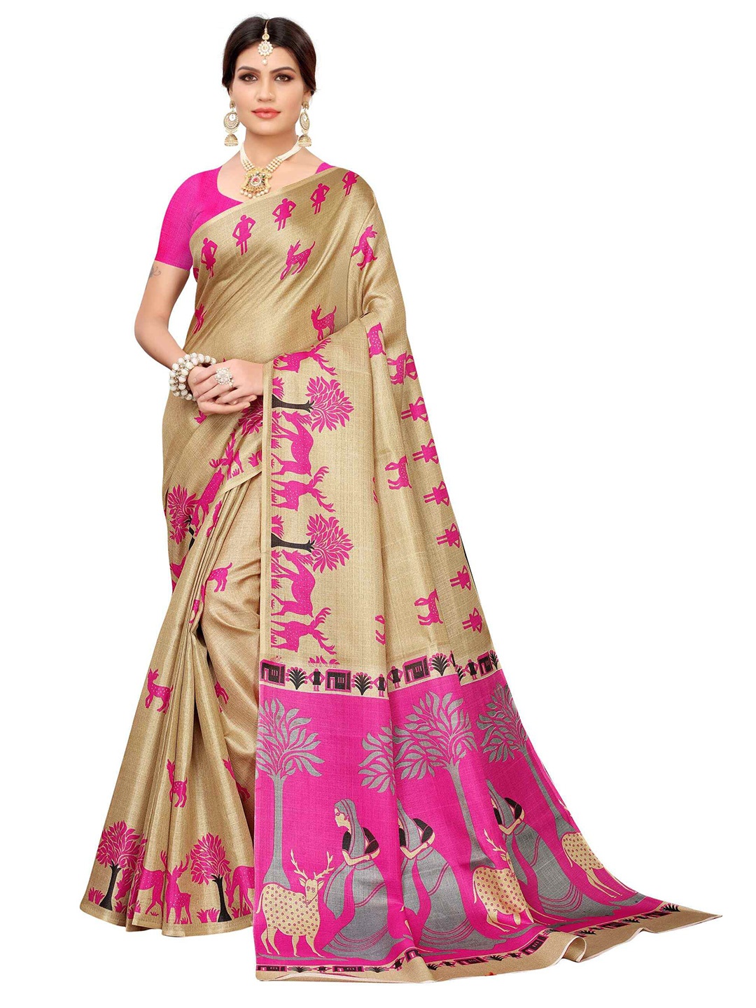 

AADVIKA Kalamkari Printed Mysore Silk Saree, Beige