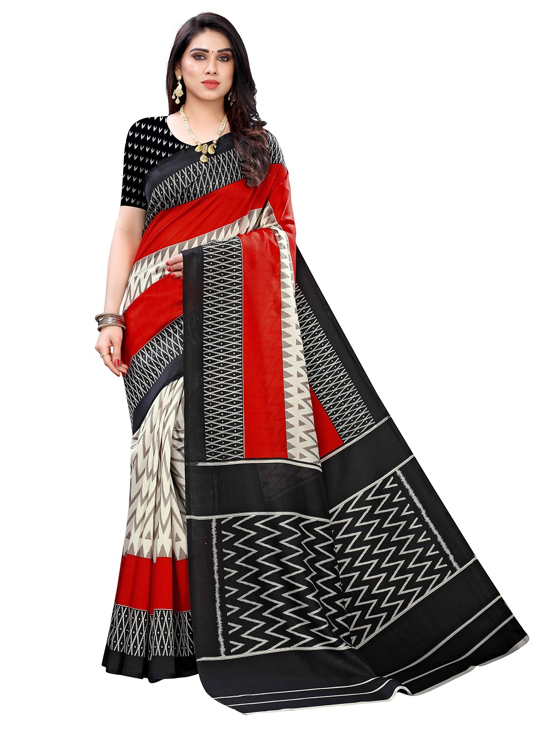 

AADVIKA Geometric Printed Mysore Silk Saree, Red