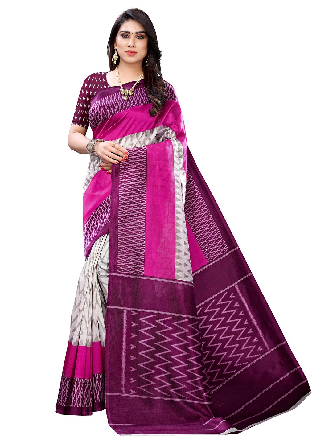 

AADVIKA Geometric Printed Mysore Silk Saree, Pink