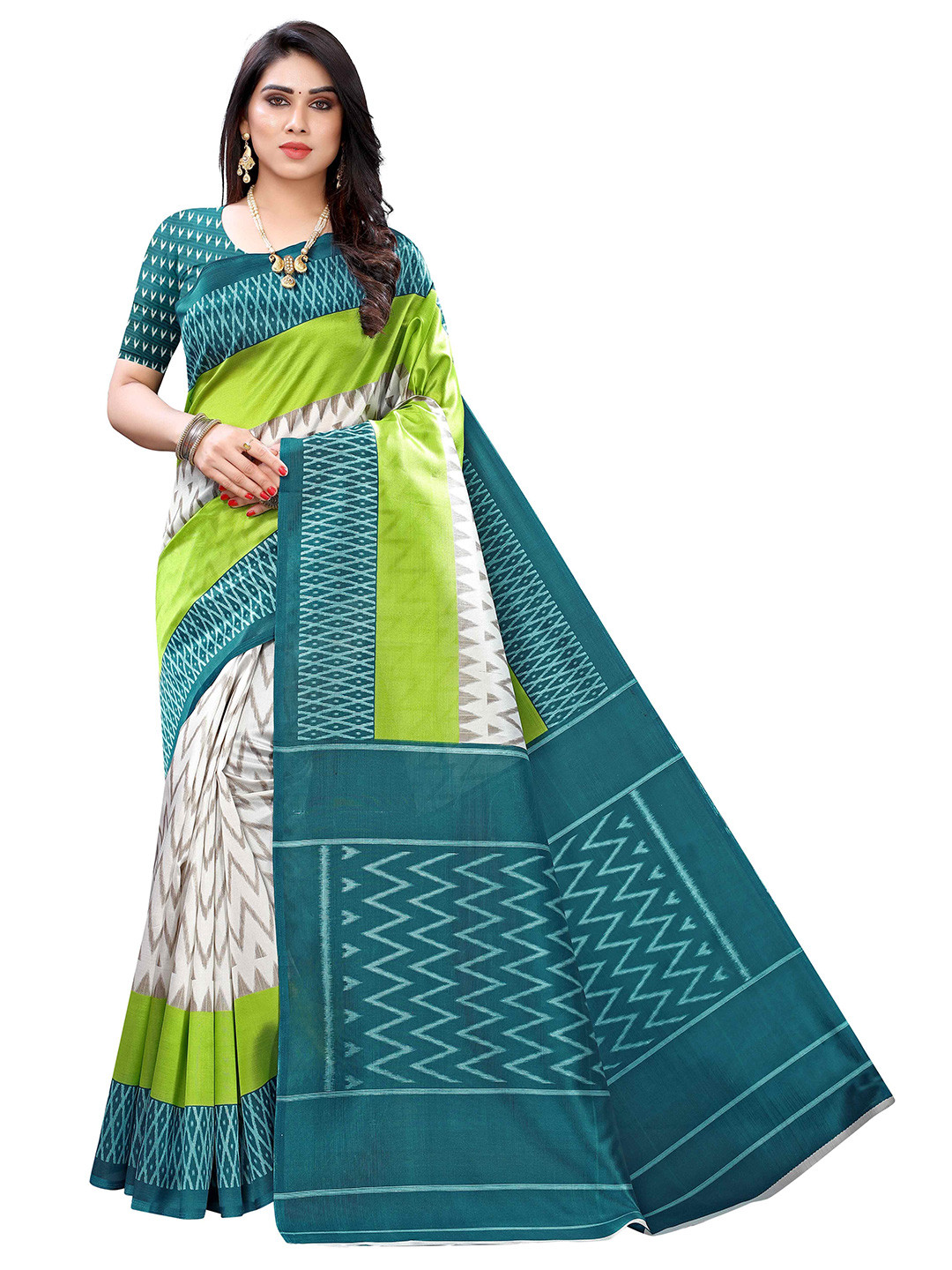 

AADVIKA Geometric Printed Mysore Silk Saree, Teal