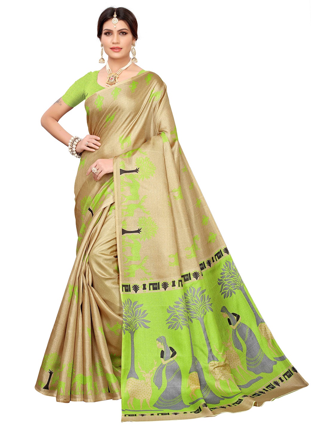 

AADVIKA Ethnic Motifs Printed Mysore Silk Saree, Gold