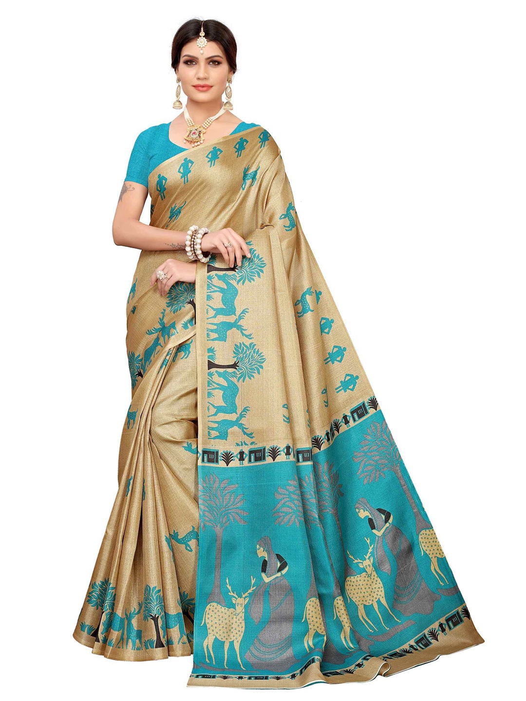 

AADVIKA Ethnic Motifs Printed Mysore Silk Saree, Gold