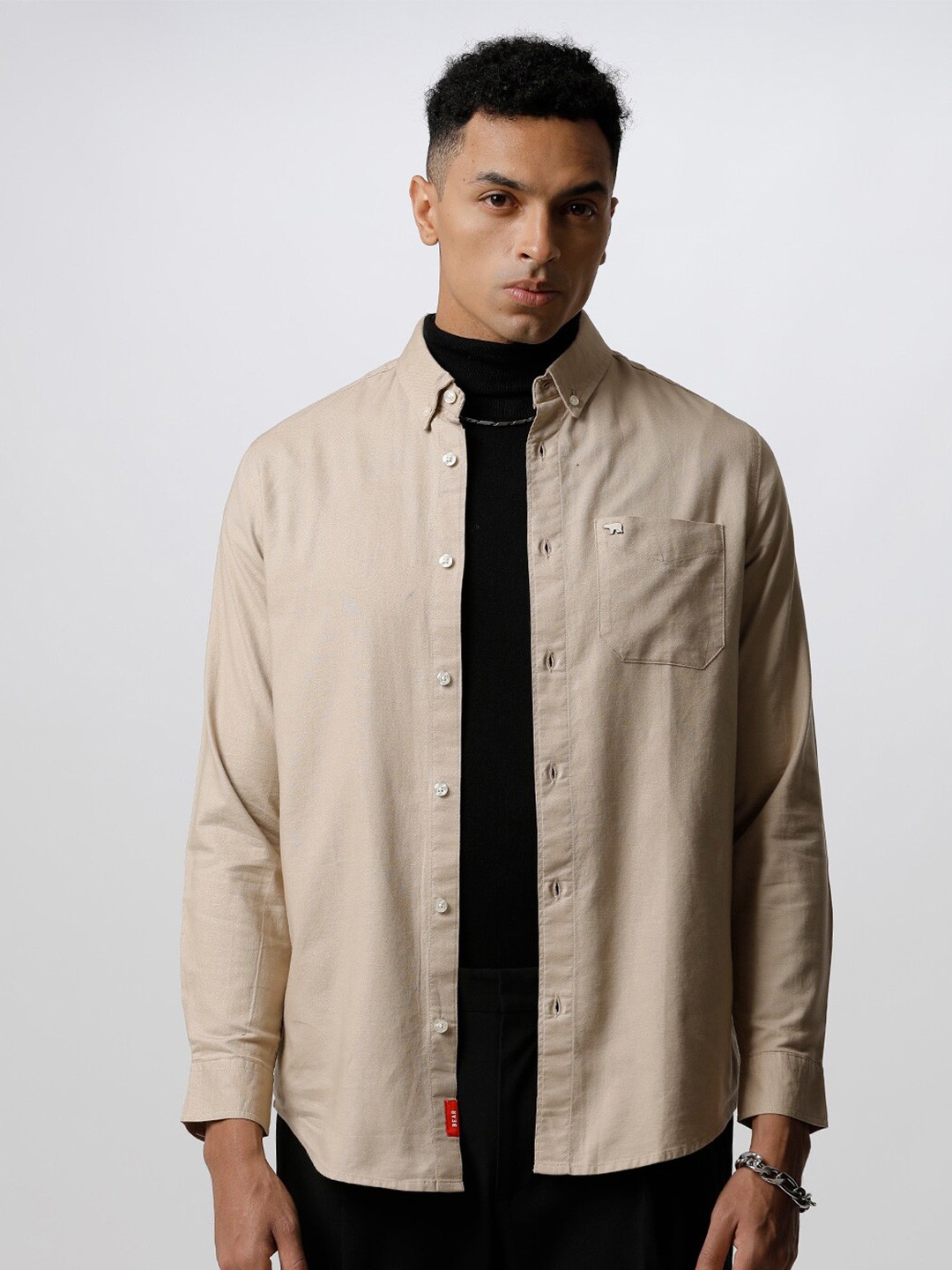 

THE BEAR HOUSE Men Slim Fit Casual Pure Cotton Shirt, Beige