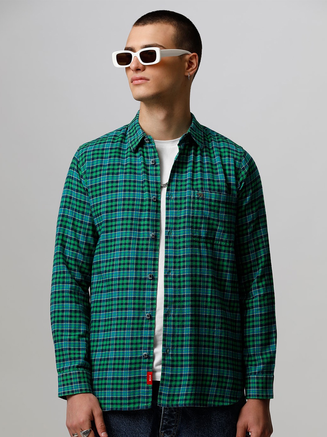 

THE BEAR HOUSE Men Pure Cotton Slim Fit Tartan Checked Casual Shirt, Green