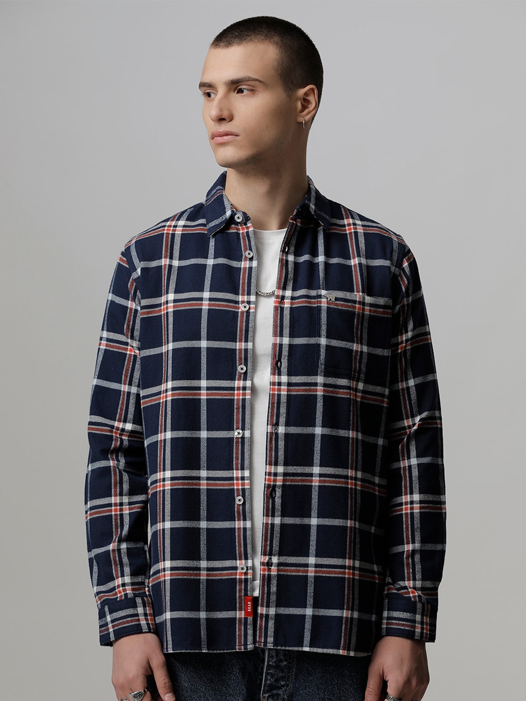 

THE BEAR HOUSE Men Pure Cotton Slim Fit Tartan Checked Casual Shirt, Navy blue