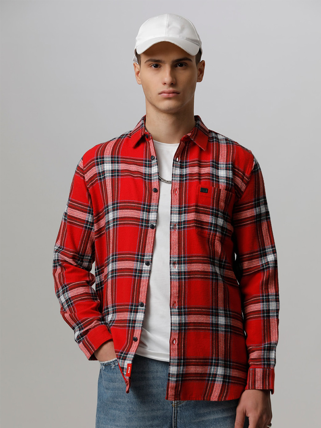 

THE BEAR HOUSE Men Pure Cotton Slim Fit Tartan Checked Casual Shirt, Red