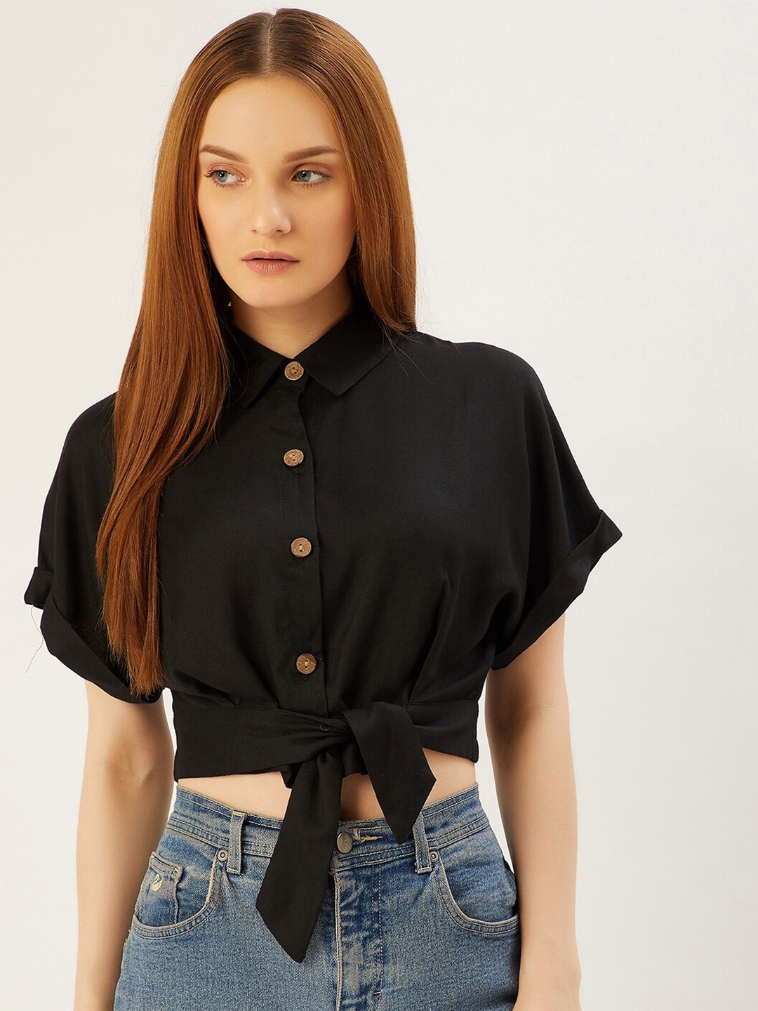 

ANVI Be Yourself Women Spread Collar Tie-Ups Crop Shirt, Black