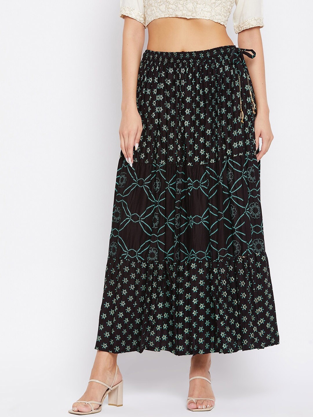 

Clora Creation Printed Flared Tiered Maxi Skirt, Black