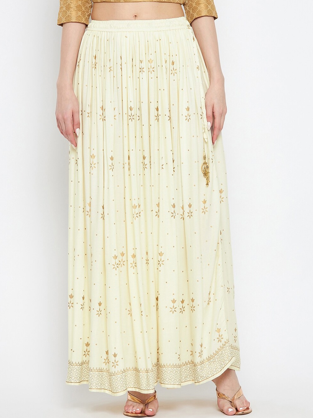 

Clora Creation Foil Printed Flared Maxi Skirt, Cream