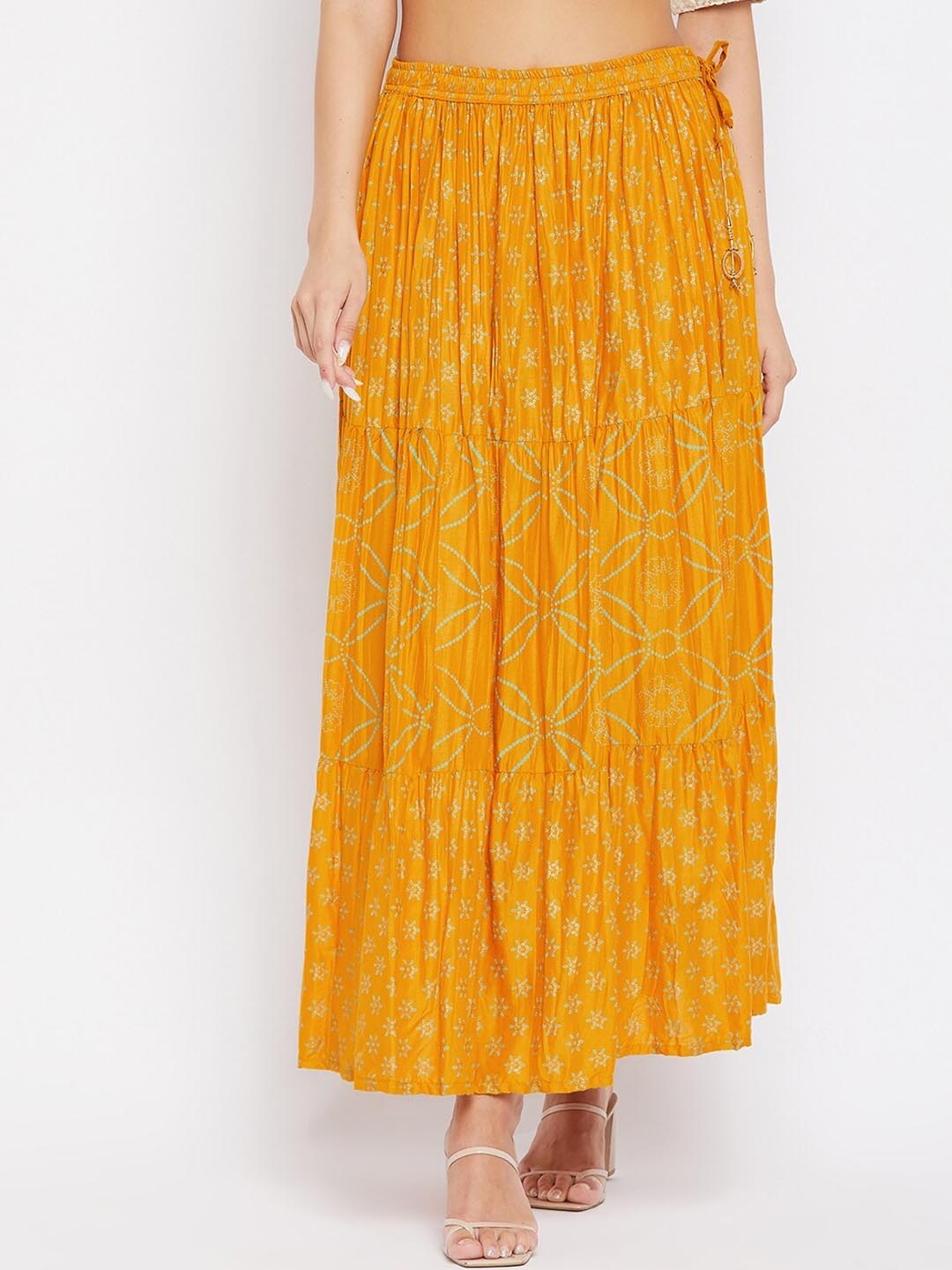 

Clora Creation Printed Flared Tiered Maxi Skirt, Mustard