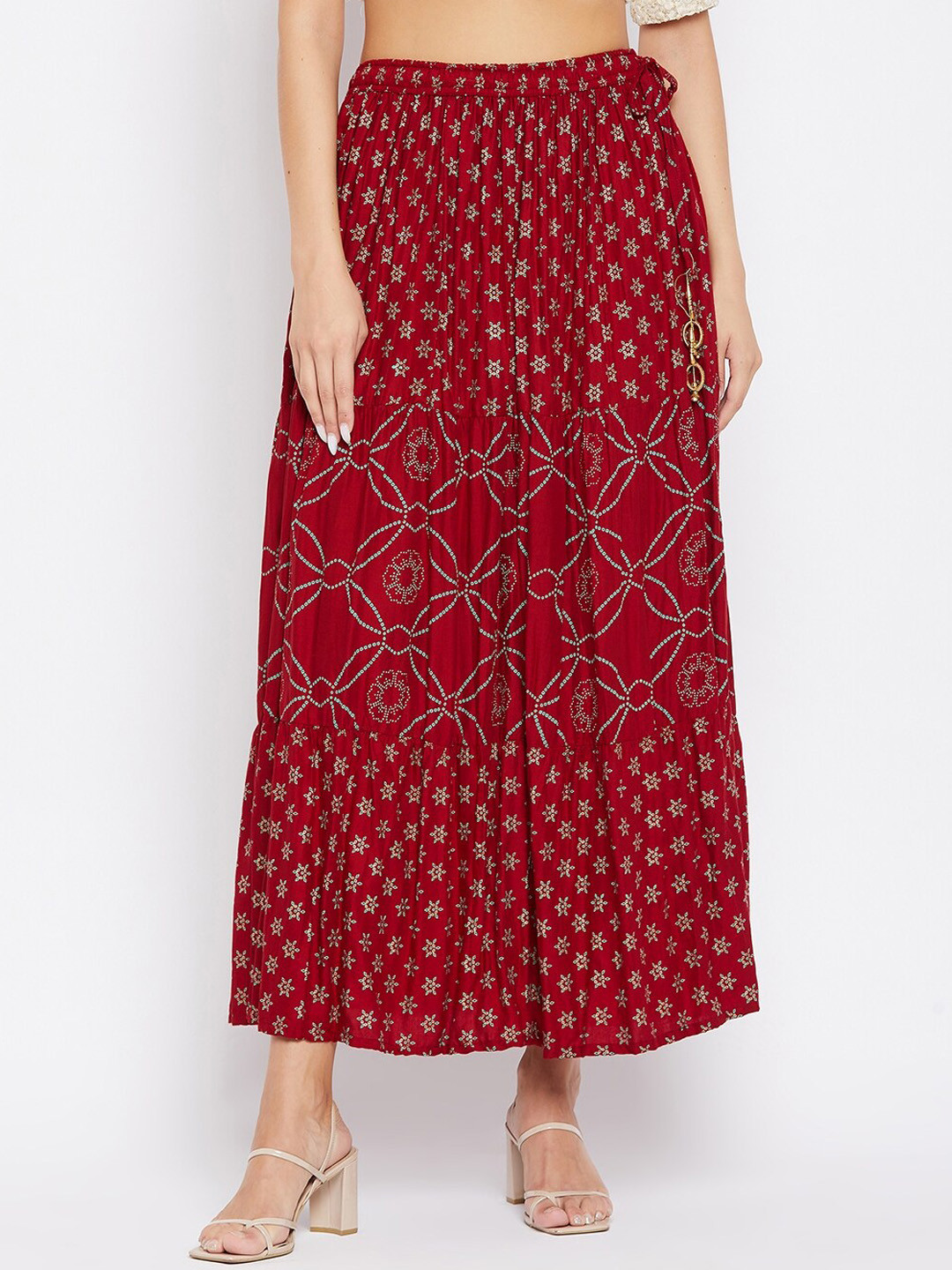 

Clora Creation Printed Flared Maxi Skirt, Maroon