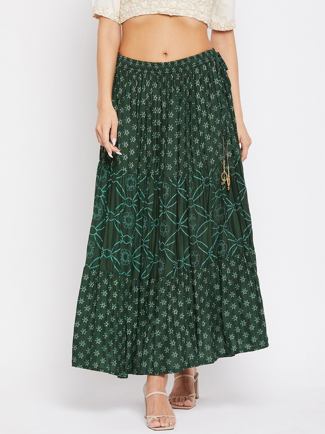 

Clora Creation Printed Flared Tiered Maxi Skirt, Green