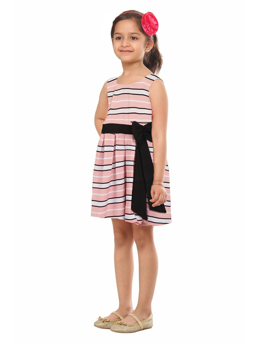 

Kids On Board Girls Striped Pure Cotton Fit and Flare Dress, Pink