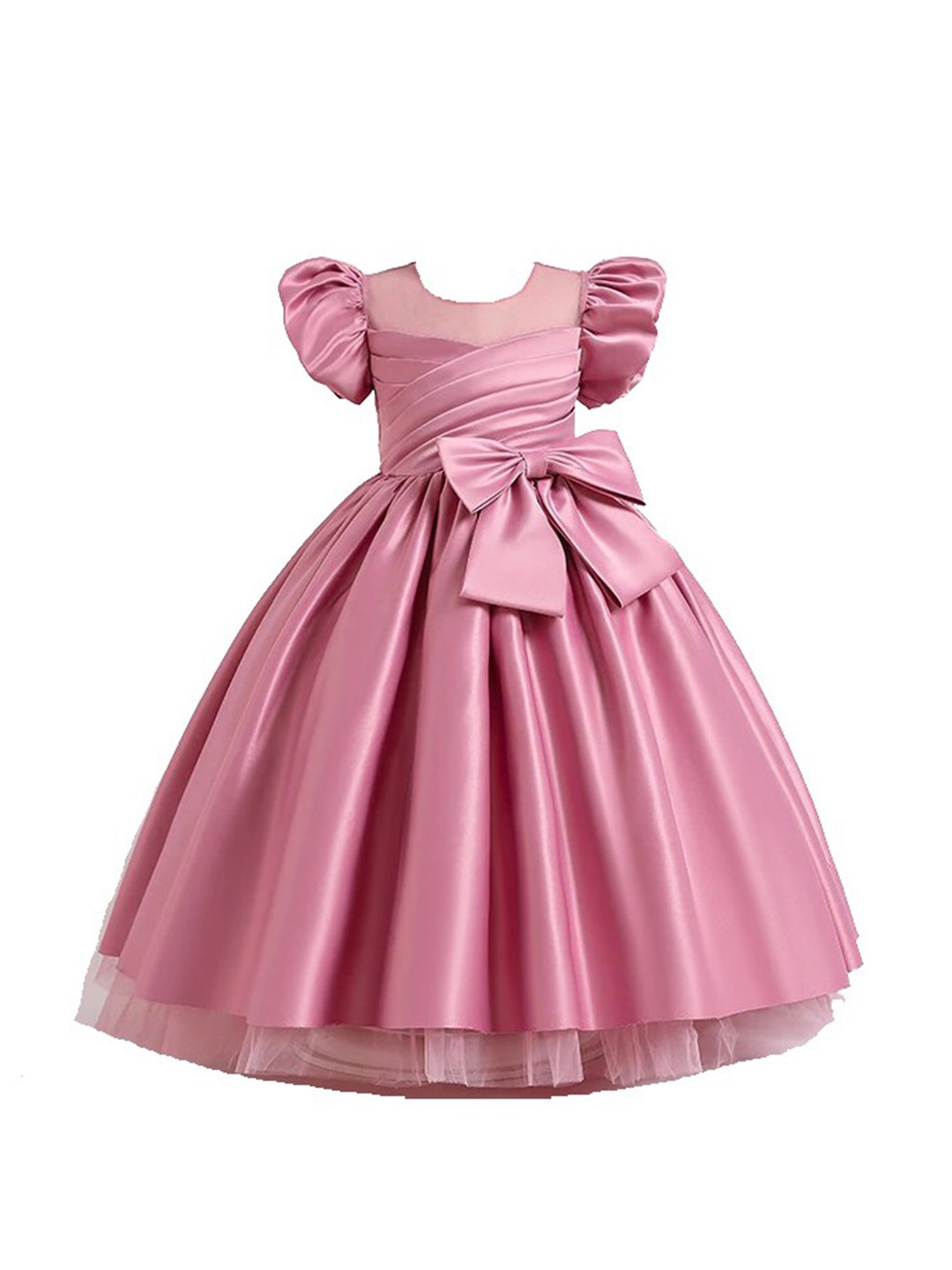 

R Cube Girls Satin Puff Sleeved Maxi Gown, Pink