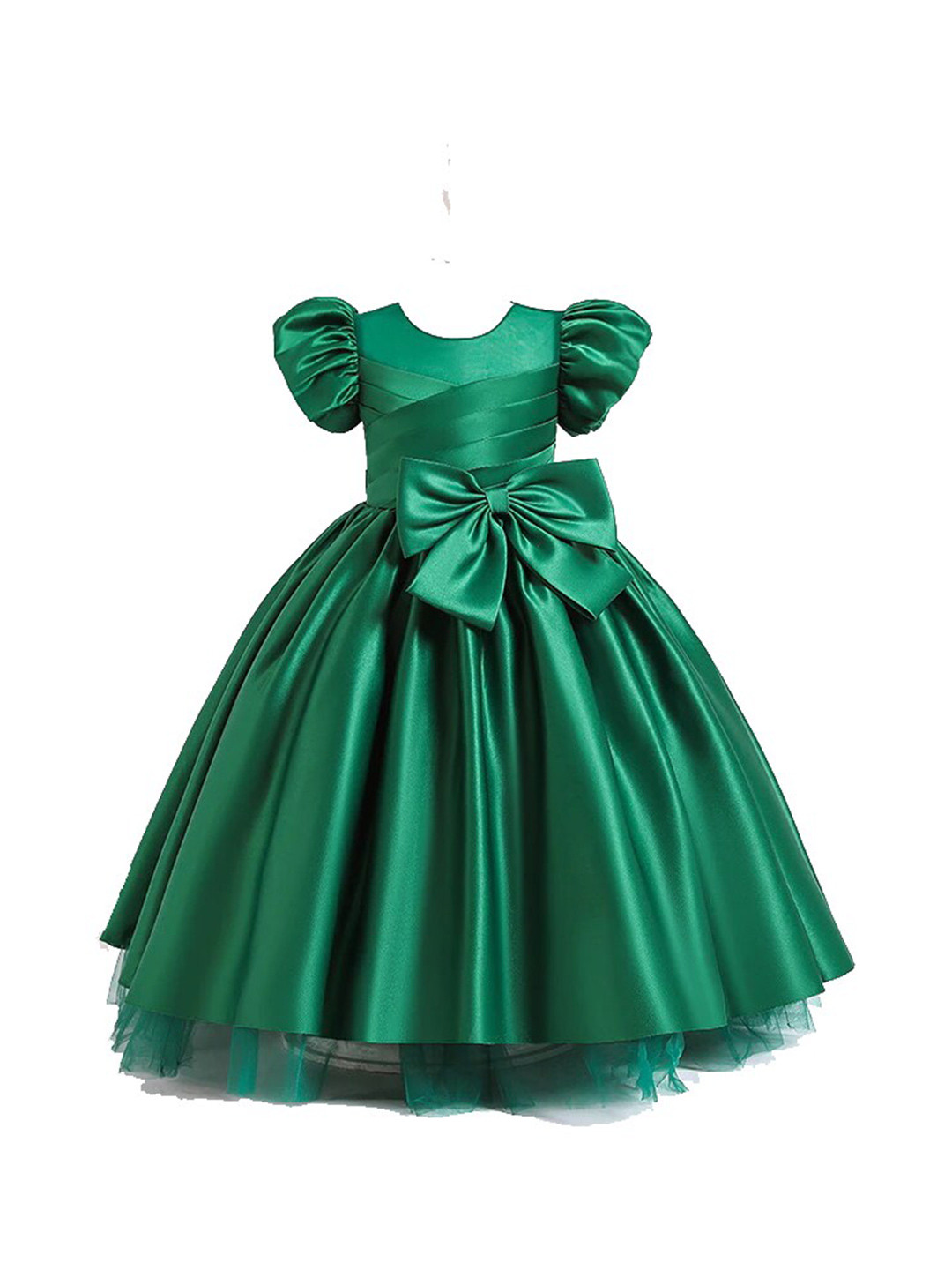 

R Cube Girls Satin Puff Sleeved Maxi Gown, Green