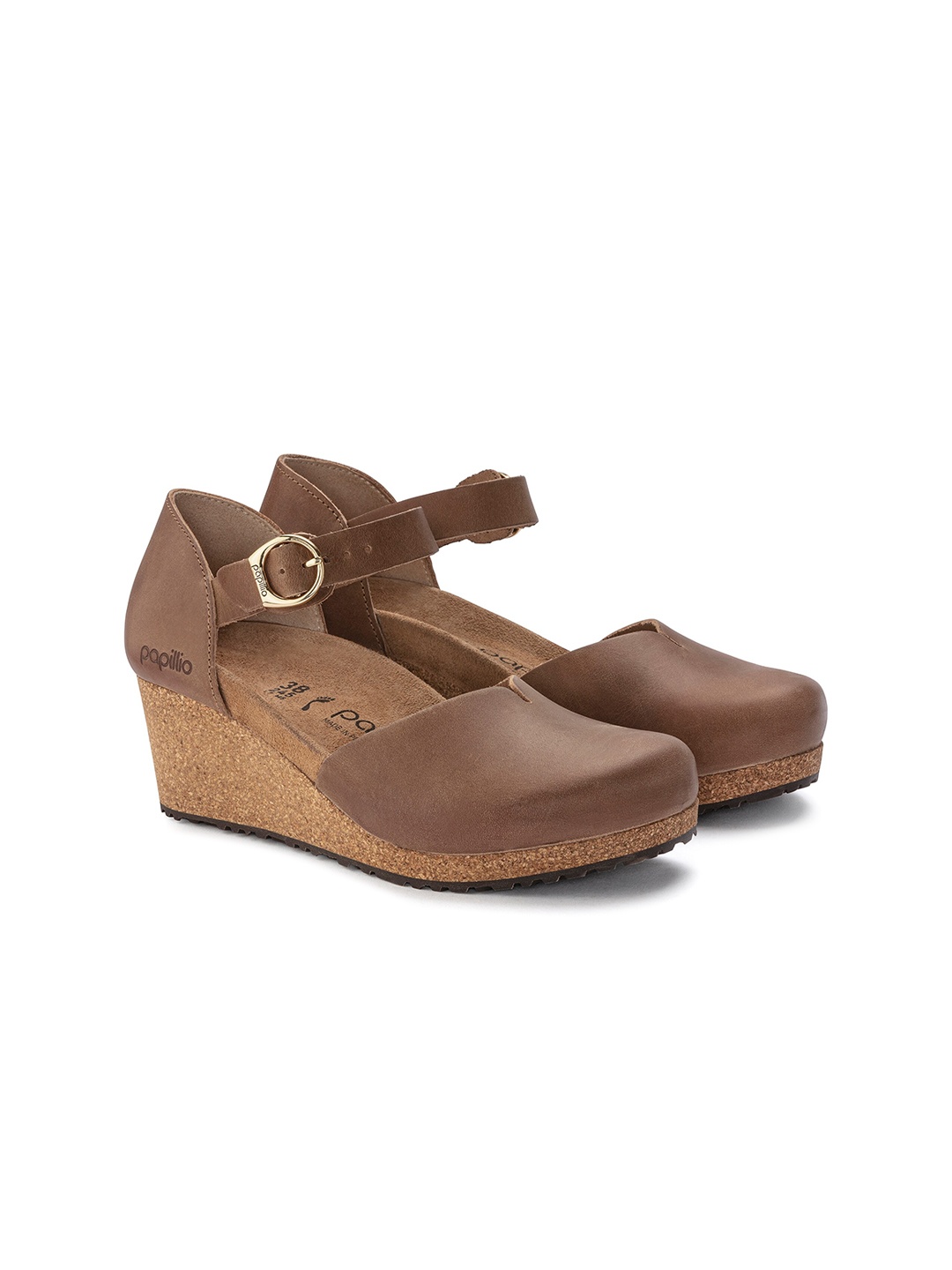 

Birkenstock Brown Leather Wedge Pumps with Buckles