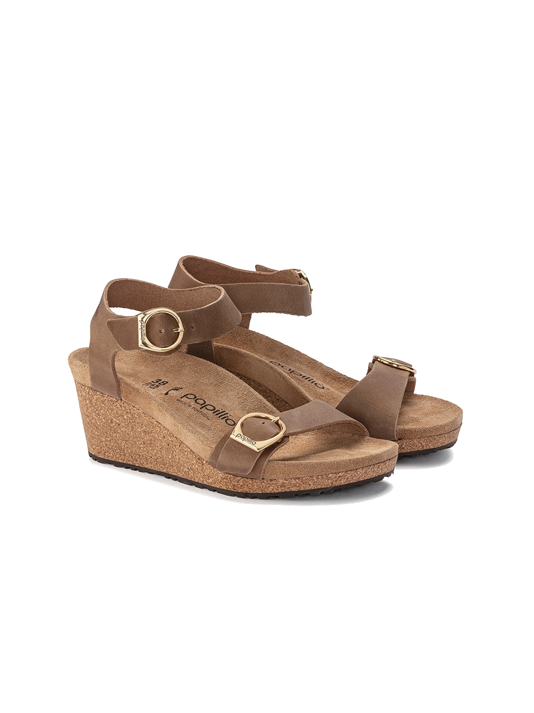 

Birkenstock Brown Leather Wedge Sandals with Buckles