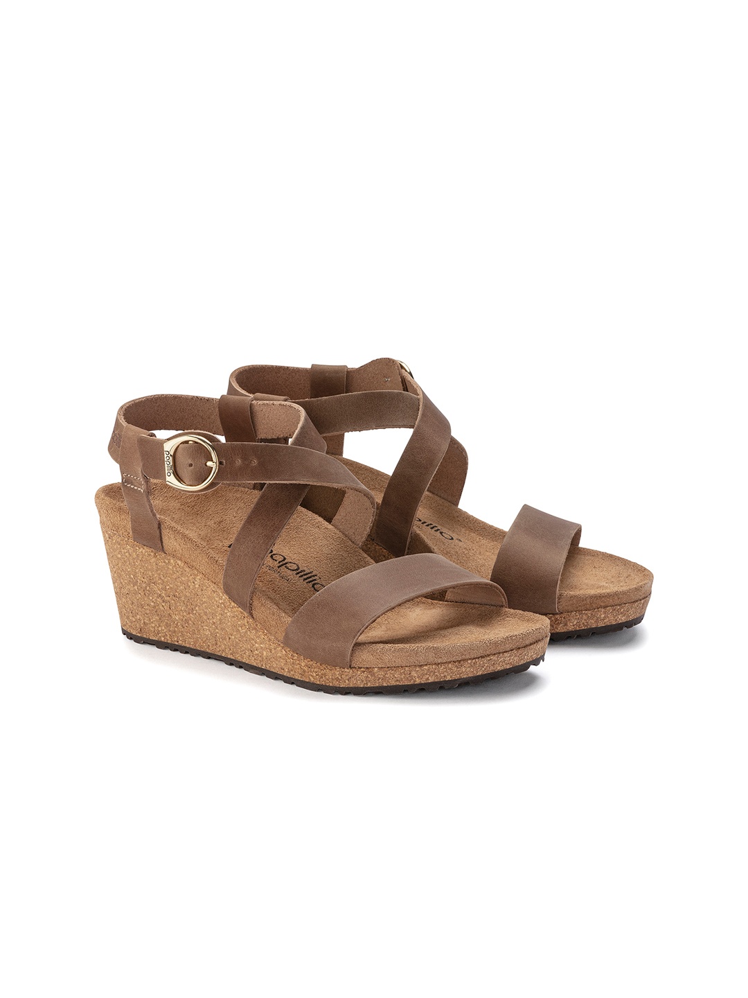 

Birkenstock Brown Leather Wedge Sandals with Buckles